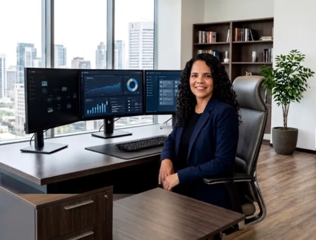 Consultora da IRISS em escritório corporativo com dashboards de gestão empresarial ao fundo